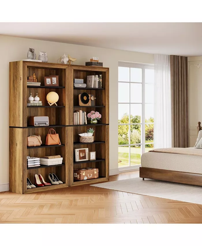 2 Adet Uzun Kitaplık Seti, 74,4'' Vintage 7 Katlı Açık Depolama Raf Üniteleri, Oturma Odası, Yatak Odası veya Ev Ofisi için Bağımsız Sergileme Rafları